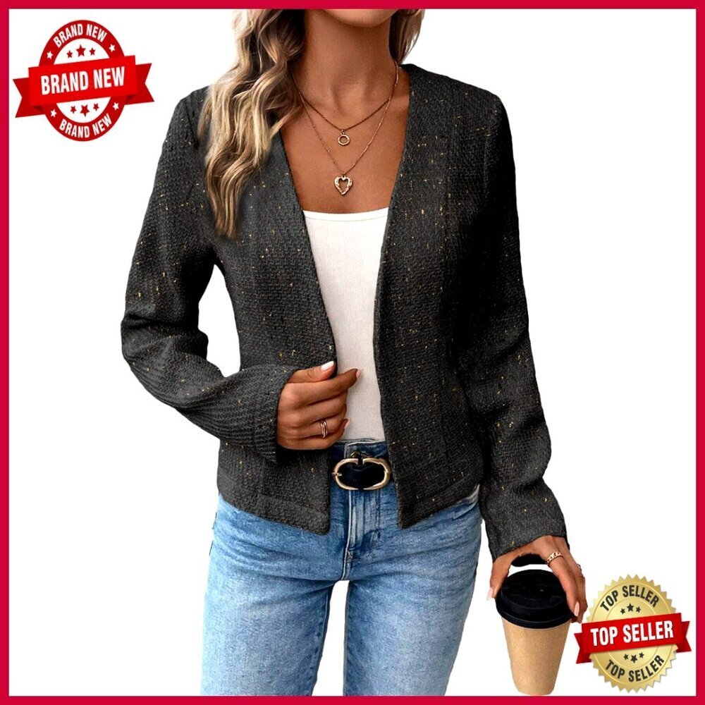 Tweed Blazer Jacket Collarless Open Front Slim Fit Business Casual